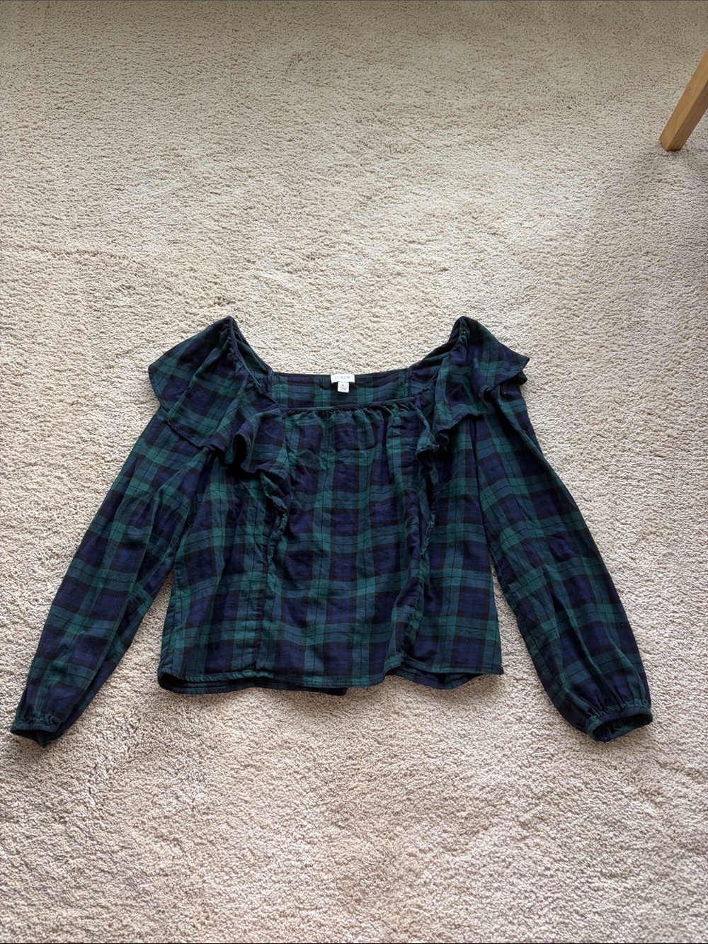 J. Crew | Black watch Plaid wide-shoulder Ruffle Blouse
